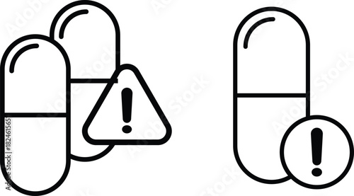 Overdose icon set. Medication health risk signs. Pills and warning icon.  Drug misuse symbols. Fatal medication signs
