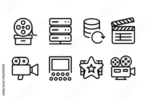 Black and white linear icons of film and media equipment and symbols