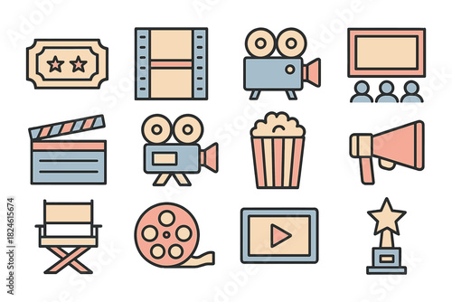 Cinema icons set: flat style film, movie, and entertainment symbols