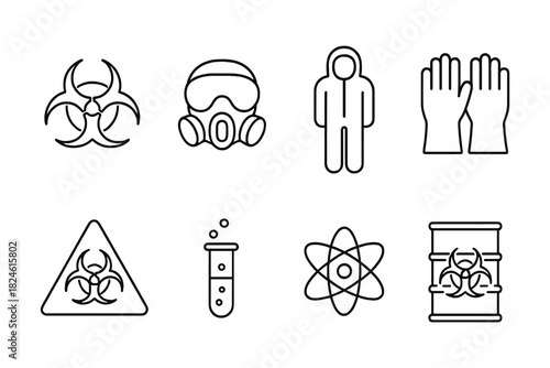 Linear biohazard symbols set: safety gear and hazard icons collection
