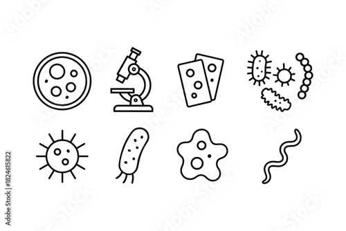 Biology icons: microscope, bacteria, viruses, pathogens in minimal line art