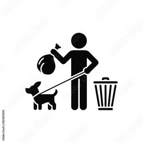 Person picking up dog waste with trash can icon