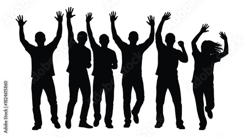 Happy people silhouettes with raised hands isolated on white background, Vector