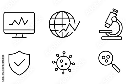 Science and technology line icons: analytics, global, microscope, security, virus, research