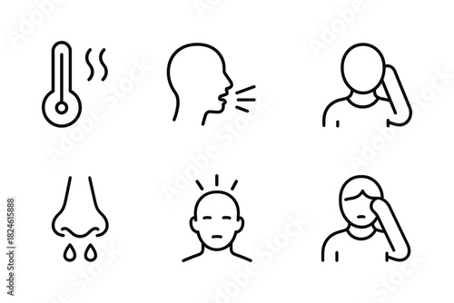 Minimalist line icons of cold symptoms: fever, cough, headache, runny nose, fatigue