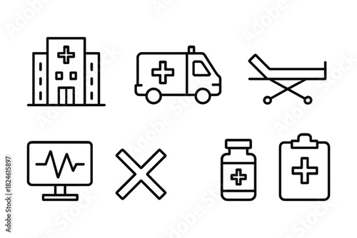Healthcare icons set: medical line art with hospital, ambulance, and equipment