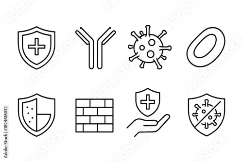 Linear immunity icons: shield, antibody, virus, blood cell, defense