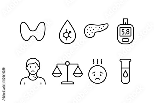 Linear diabetes and health icons set for medical awareness and education