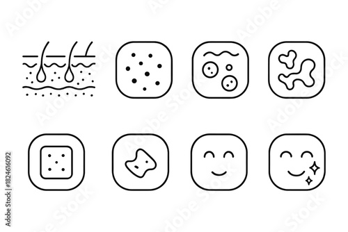 Skincare icons: acne treatment stages in linear style for dermatology and beauty