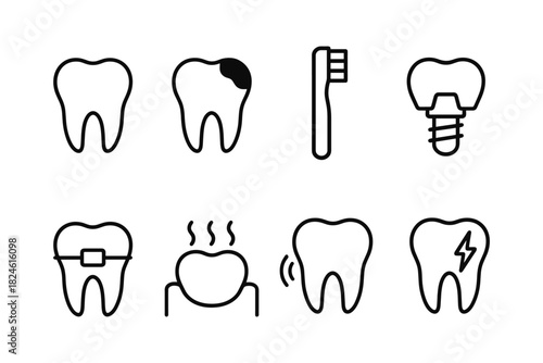Minimalist dental symbols set: tooth care, decay, braces, implant, pain