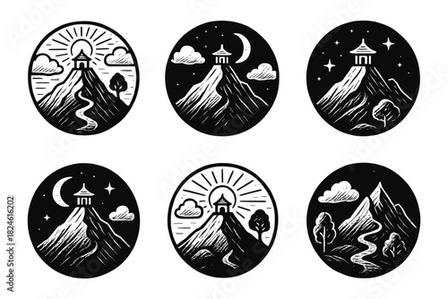 Monochrome mountain landscapes with pagodas and stars in circular designs
