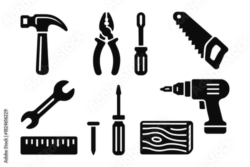 Simple tool icons: hammer, pliers, screwdriver, saw, drill, wrench, nail, ruler, wood block
