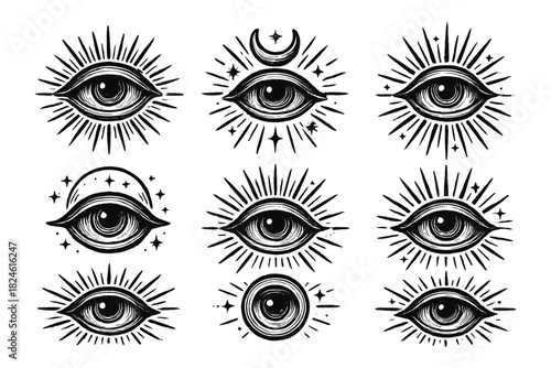 Mystical hand drawn all seeing eye designs with celestial elements