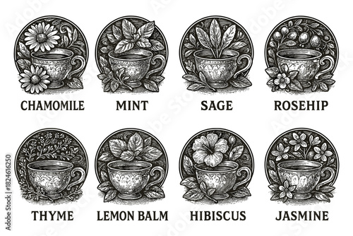 Herbal tea cups: vintage botanical art with chamomile, mint, and more