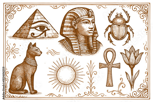 Ancient egyptian symbols and artifacts featuring pharaoh, pyramids, and sacred animals