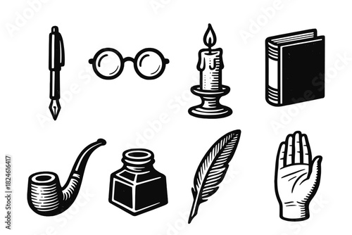 Vintage writing and reading tools in black and white design