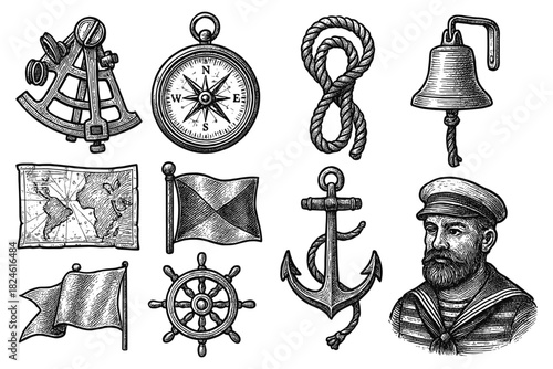 Vintage nautical set featuring anchors, compass, ship wheel, captain, and maritime symbols