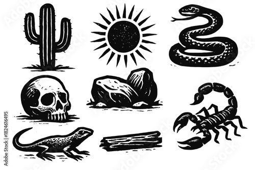 Desert elements collection featuring cactus, snake, and skull in vintage style