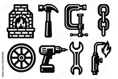 Set of bold blacksmith and workshop tool icons in bold style