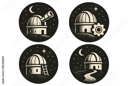Vintage observatory icons: night sky and telescopes in circular design