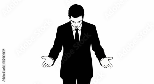 Man in suit with open hands looking down.