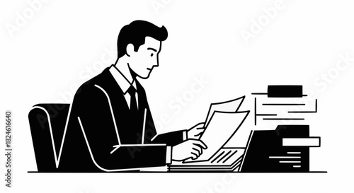 Professional man in a suit focused on reading documents at his desk.