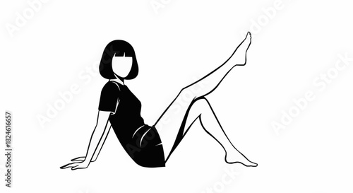 Woman in black dress sitting with one leg raised in the air.