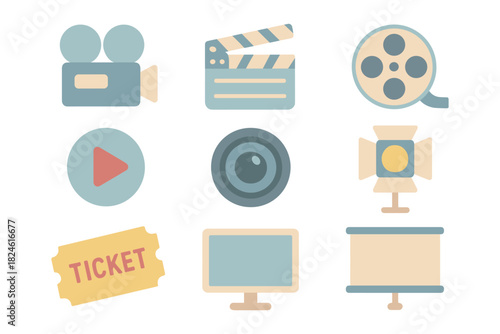 Retro film and cinema icons collection in flat style for creative design