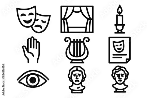 Theater and drama icons set: masks, stage, and symbols in linear style