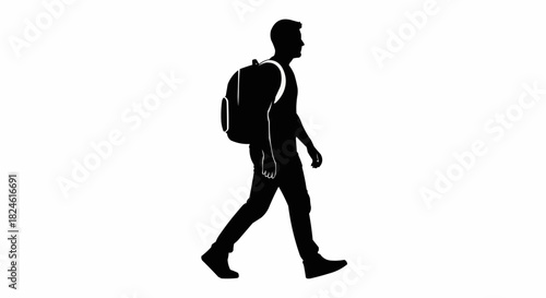 Silhouette of a Man Walking with Backpack.