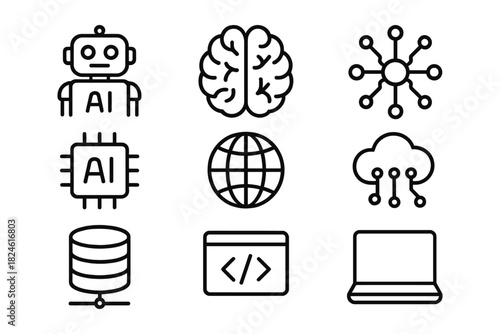 Ai technology icons: robotics, neural network, machine learning, and cloud computing in linear style