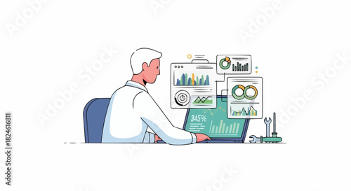 Man working on laptop with data analysis and business intelligence dashboards.