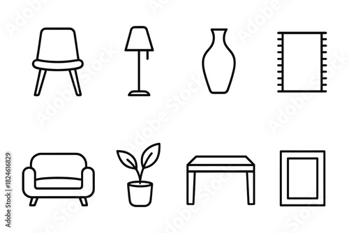 Modern minimalist home decor icons in line art style