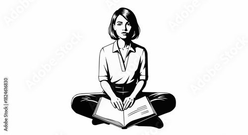 Woman Sitting Cross-Legged Reading a Book with Focused Expression.