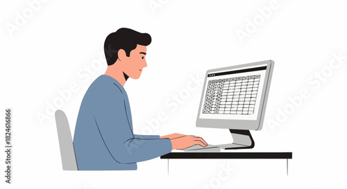 Man working on computer at desk, focused on data entry and analysis.