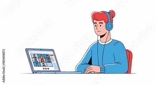 Illustrated young man with headphones in a video conference call.