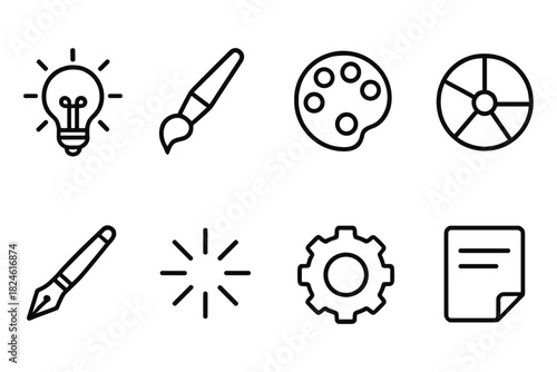 Creative tools icons set in bold linear style for graphic design inspiration