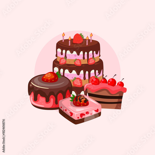 Delicious cartoon cakes with strawberries and cherries, perfect for a party invitation or sweet treat advertisement with a fun, playful vibe