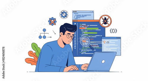 Programmer working on laptop with code and bug icon.