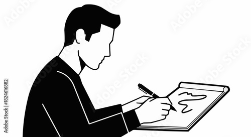Man drawing or writing in a notebook with a pen.