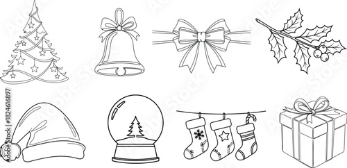 Hand drawn Christmas icons set featuring santa hat gloves cake and bell