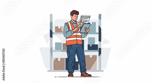 Male warehouse worker in a safety vest checking an inventory list on a clipboard.