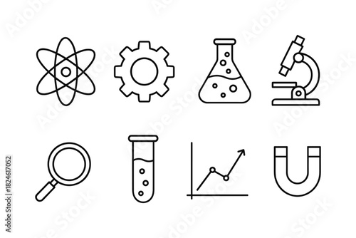 Science icons set: lab equipment and symbols in simple linear style