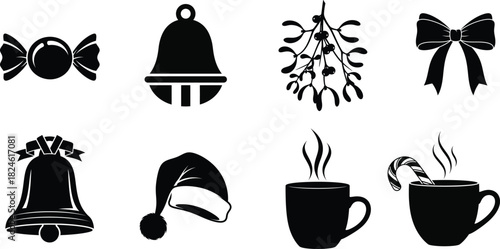 Christmas holiday icons in black silhouette candy bell mistletoe bow and more
