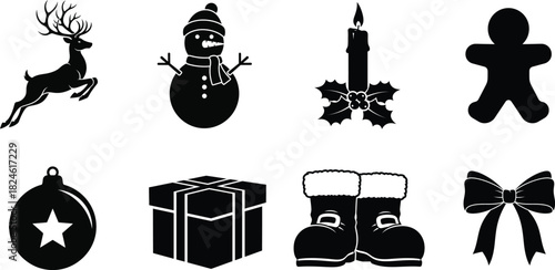Black christmas silhouette icons reindeer snowman candle gingerbread man ornament gift boots bow
