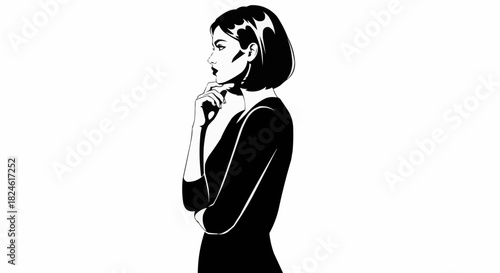 Thoughtful woman in black dress contemplating a decision with focused expression.