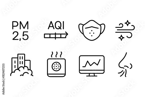 Air quality linear icons: pollution, protection, and monitoring symbols