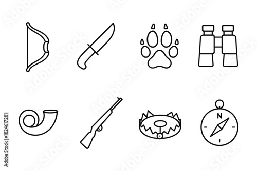 Hunting and outdoor line icons: bow, knife, binoculars, and more