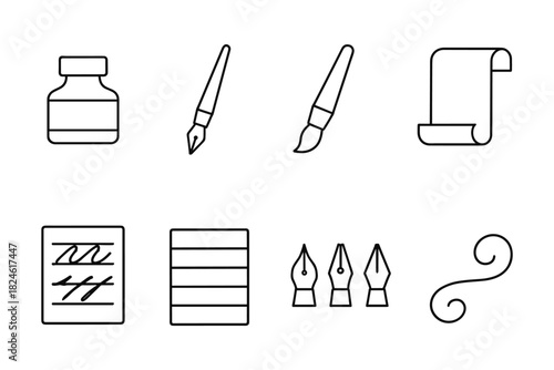 Minimalist outline art tools icon set with ink and pen elements