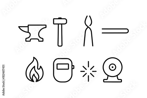 Blacksmithing tools and equipment icons: line art collection